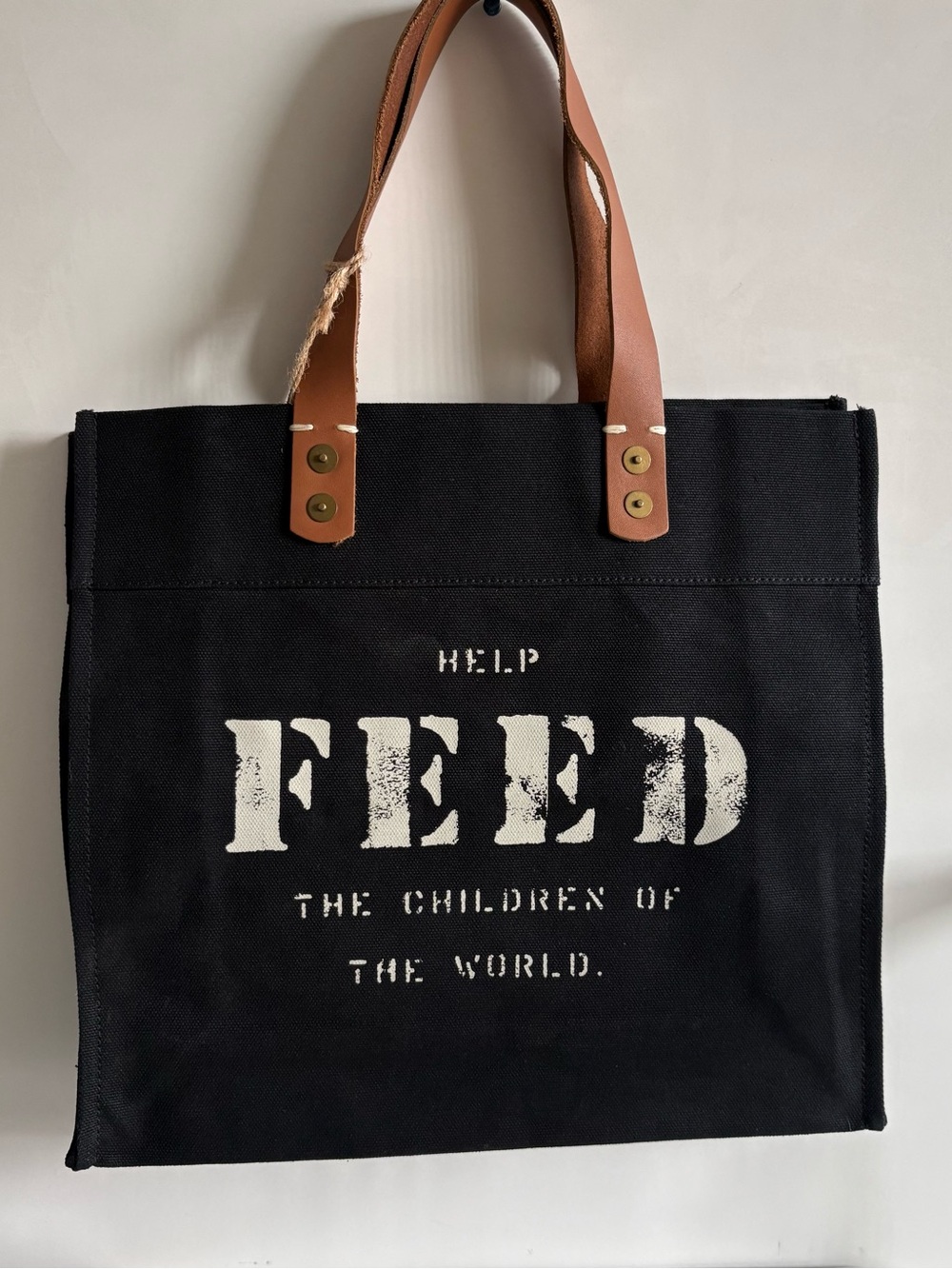 FEED Black Tote Bag with Brown Leather Handles NWT New